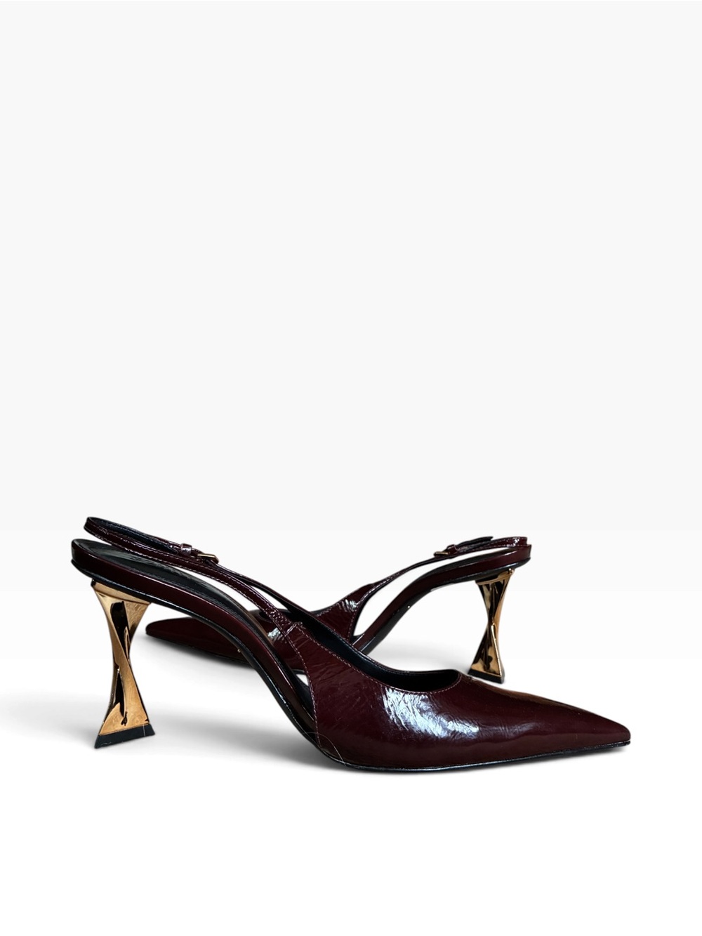 Schutz Elisha Burgundy Maplewood Patent Leather Slingback Pumps Gold Heels 10.5 - Picture 6 of 15